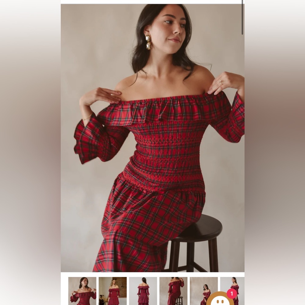 Nicoletta Red Plaid Off the Shoulder Maxi Dress